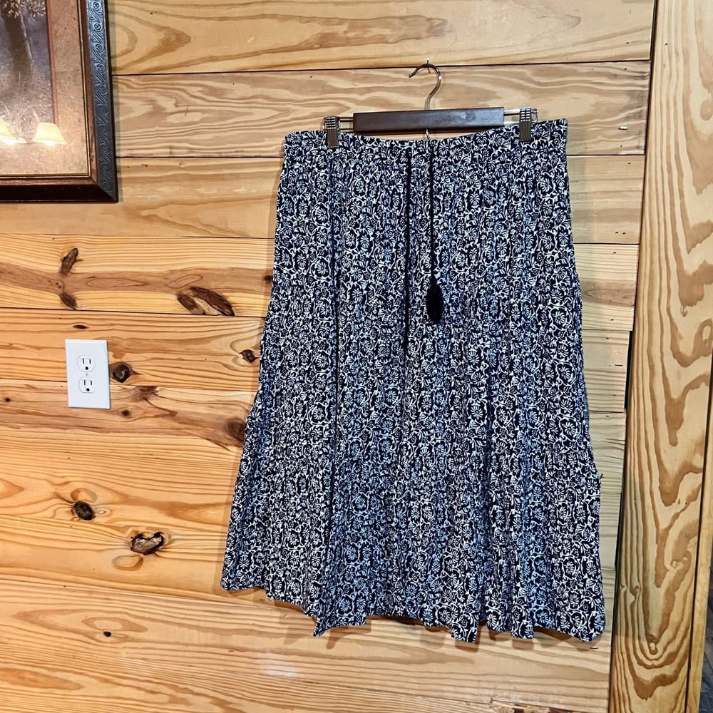 Laura Scott Navy White Floral Boho Tiered Cotton Skirt Cottagecore Women's Large